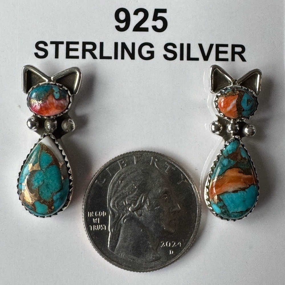 Sterling Silver Cat Earrings with Turquoise and Coral - Picture 2 of 4